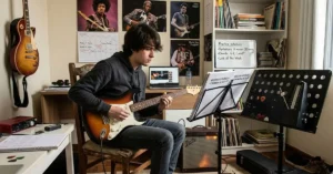 iniciante aprendendo guitarra praticando acordes