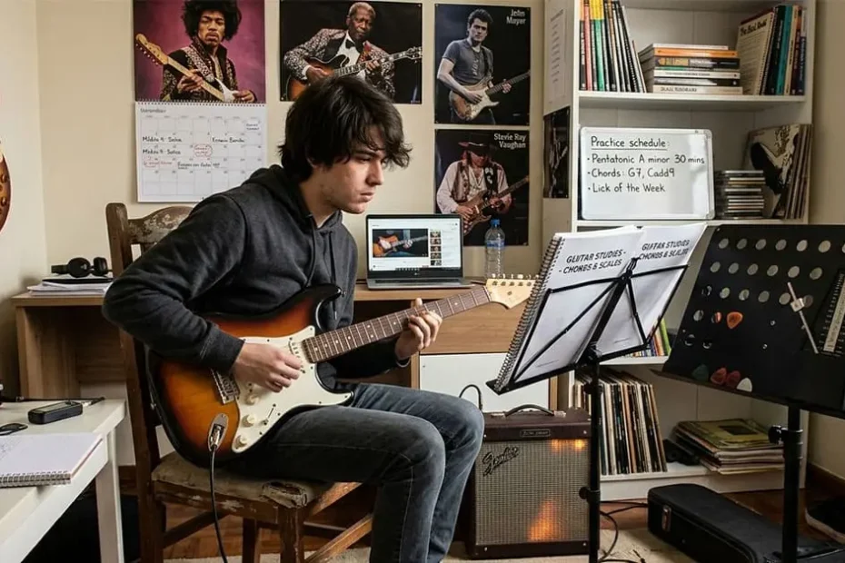 iniciante aprendendo guitarra praticando acordes