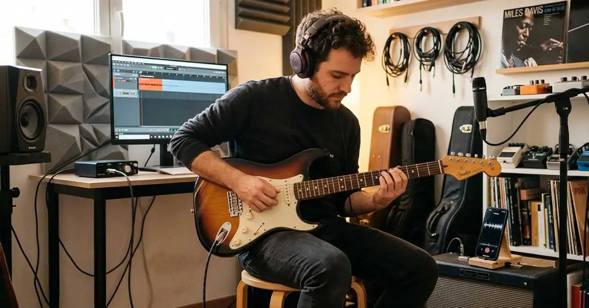 Guitarrista em estúdio gravando o treino com o celular posicionado perto da guitarra.