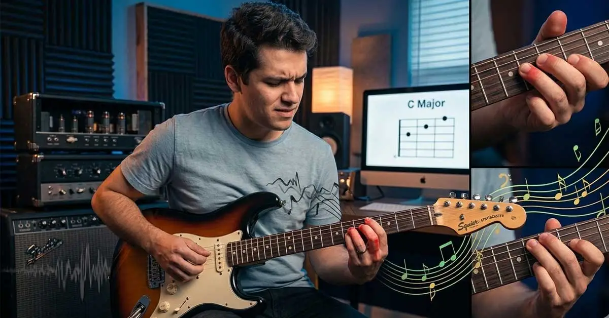 Guia para iniciante na guitarra que sente que os dedos doem e as notas não saem.