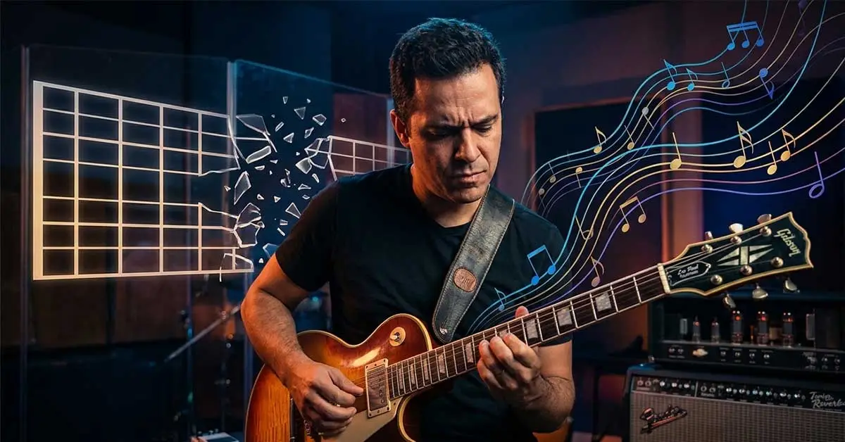 "Guitarrista Armando Leite demonstrando técnica de fraseado melódico para sair da escala pentatônica."