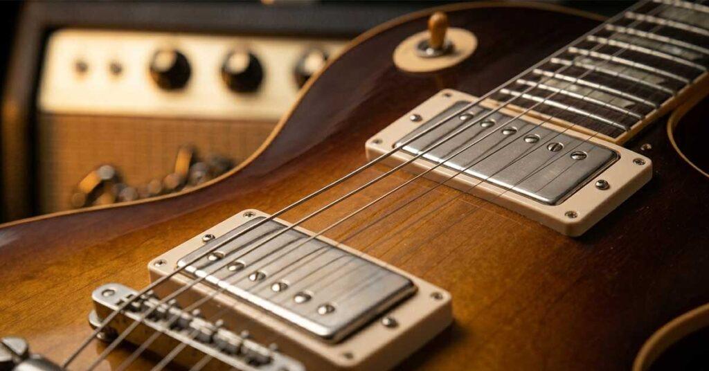 Detalhe dos dois captadores humbucker nickel-covered em uma guitarra Gibson Les Paul honey burst.