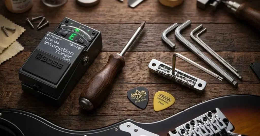 Bancada de luthieria com afinador digital pedal boss, chaves de fenda, chaves allen e palhetas da escola Armando Leite Guitar School para regular oitavas de guitarra