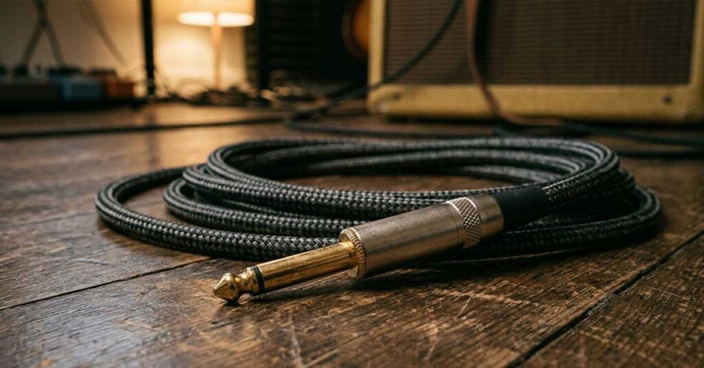 Plano detalhe de cabo de guitarra profissional com revestimento de tecido trançado e plug banhado a ouro no chão de madeira de um estúdio.