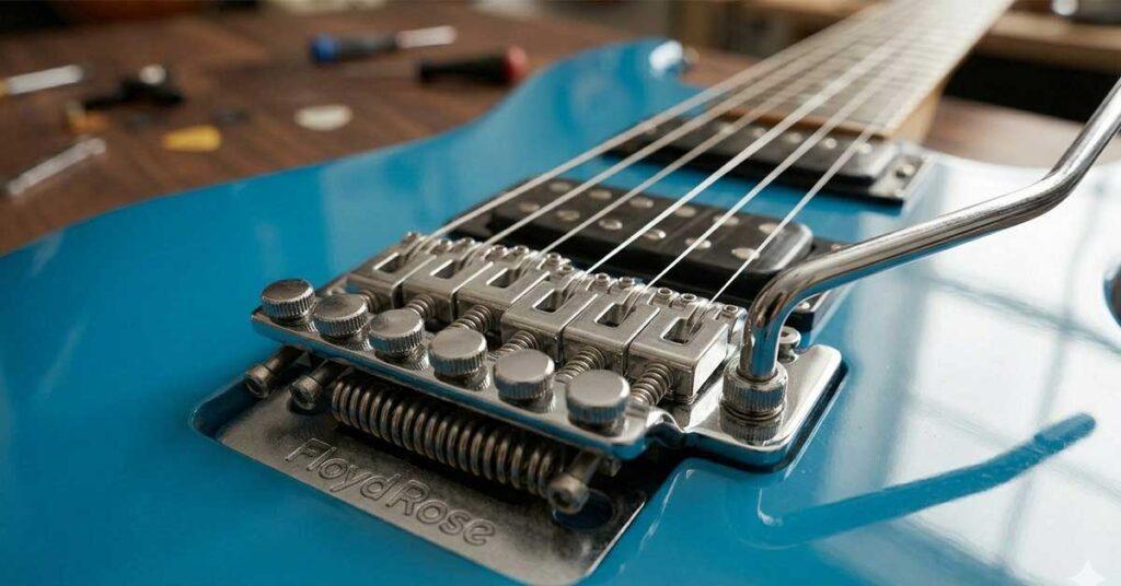 Close-up detalhado em ângulo de uma ponte flutuante Floyd Rose cromada com parafusos de microafinação e design de balanço duplo em uma guitarra azul brilhante.