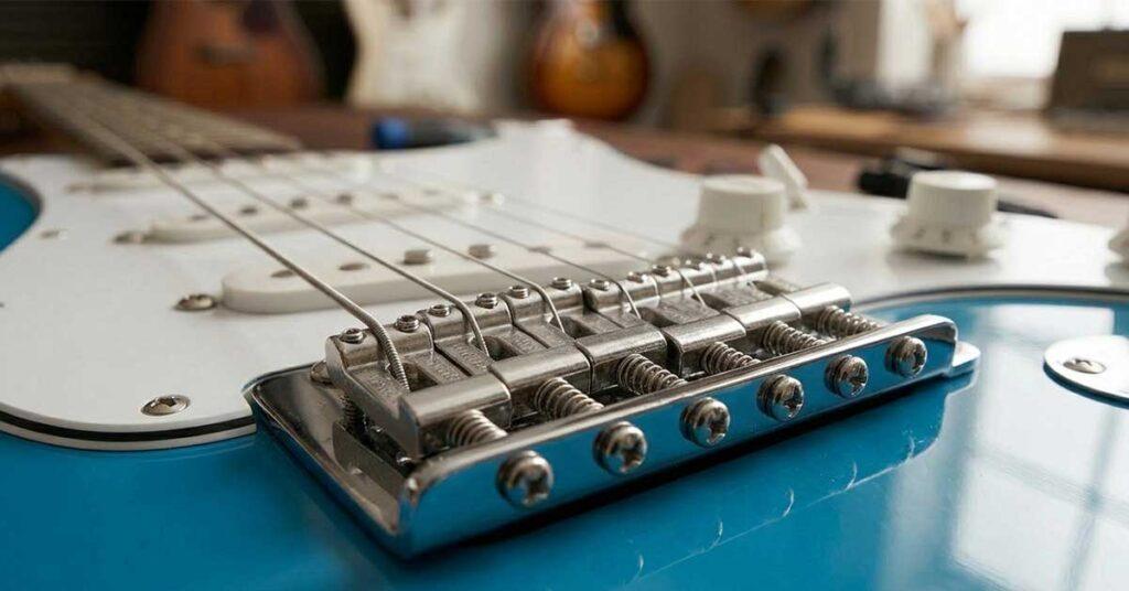 Close-up detalhado de uma ponte fixa de guitarra do tipo Hardtail tradicional com carrinhos individuais cromados e design string-through-body.