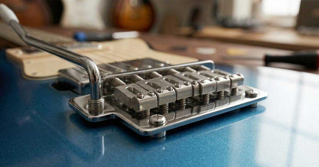 Close-up detalhado de uma ponte móvel tremolo moderno de dois pivôs cromada com carrinhos individuais em uma guitarra azul metálico brilhante.