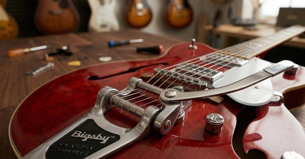 Close-up macro detalhado de uma ponte vibrato Bigsby cromada com alavanca longa e mola exposta, montada em uma guitarra semiacústica cherry-red.