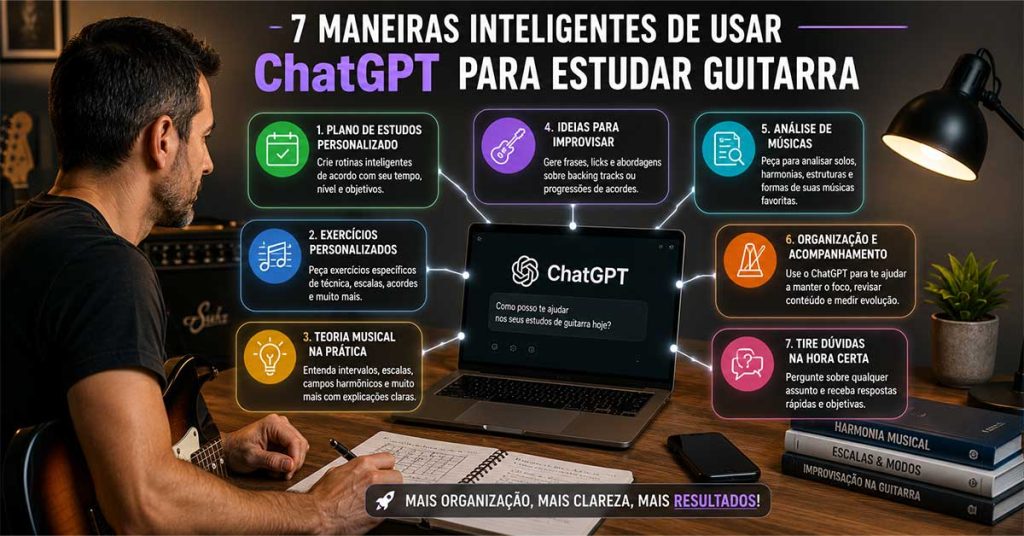Guitarrista usando o ChatGPT para criar planos de estudo, exercícios personalizados, revisar teoria musical e organizar a prática da guitarra.