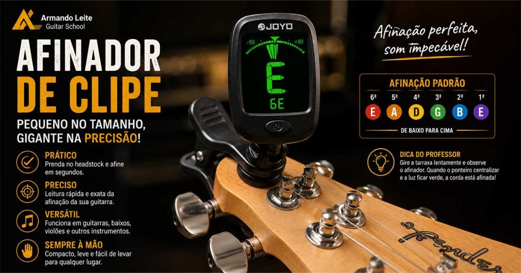 Afinador de clipe preso ao headstock de uma guitarra mostrando a afinação da nota Mi (E). Equipamento ideal para afinar guitarras com rapidez e precisão.