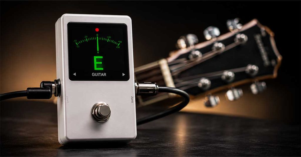 Pedal afinador de guitarra utilizado como primeiro equipamento na cadeia de sinais para manter o instrumento sempre afinado.