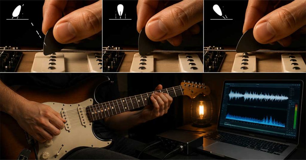 Ângulo e profundidade da palhetada mudam o timbre da guitarra