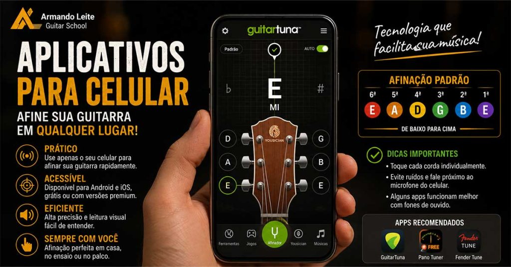 Smartphone exibindo um aplicativo afinador de guitarra com a nota Mi (E), mostrando como afinar a guitarra utilizando um celular.