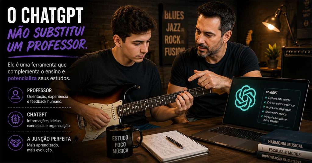 Professor orientando um aluno de guitarra enquanto o ChatGPT complementa os estudos com informações, exercícios e organização.