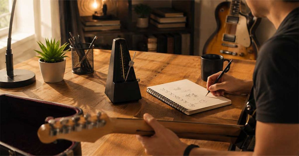 Guitarrista estudando com um metrônomo mecânico sobre a mesa enquanto organiza sua rotina de estudos em um caderno, representando a criação do hábito de praticar com regularidade.
