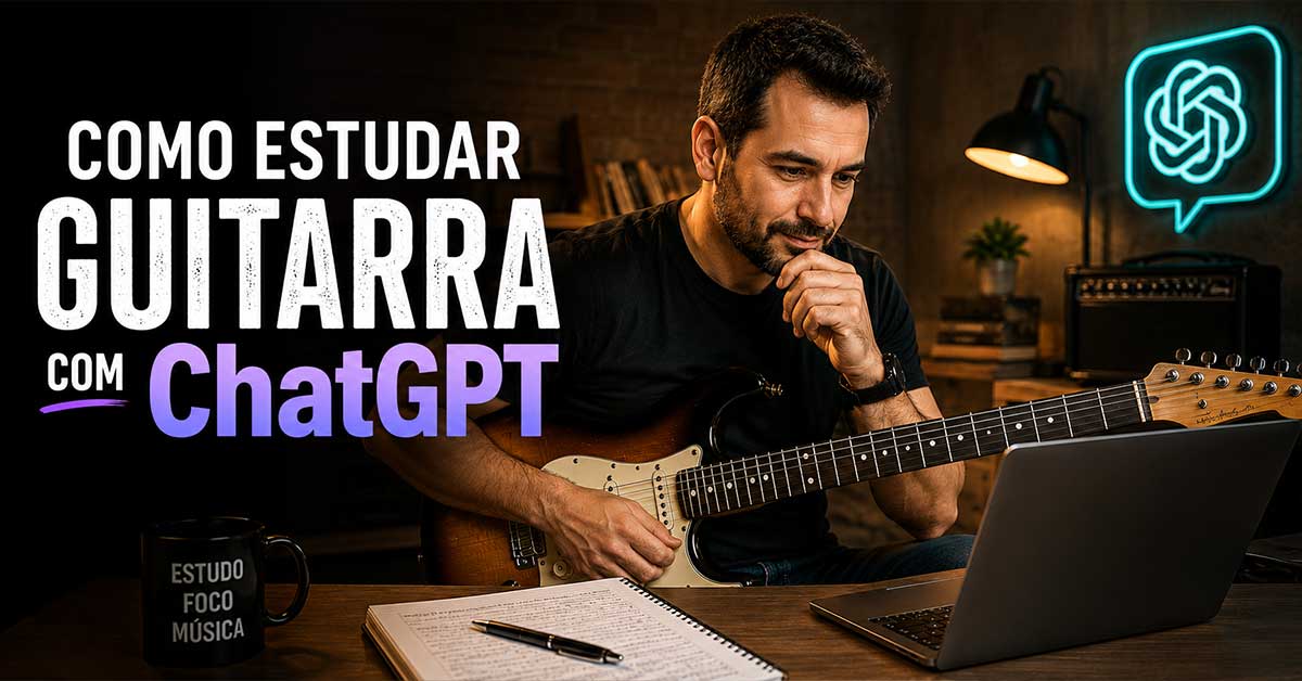 Guitarrista estudando guitarra com o ChatGPT no computador para organizar a rotina de estudos, criar exercícios personalizados e aprender com mais eficiência.