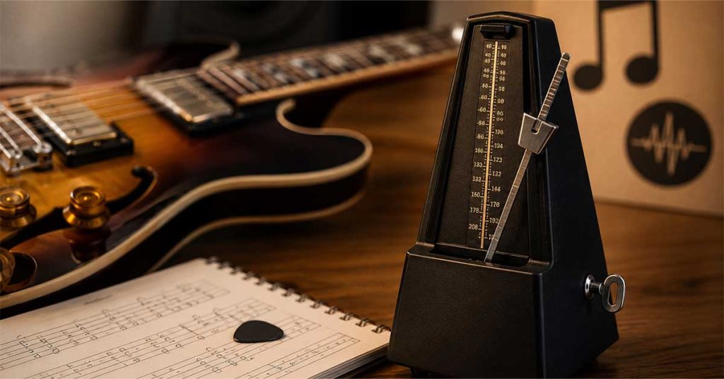 Mesa de estudos com um metrônomo mecânico, guitarra elétrica e caderno ilustrando o passo a passo para estudar guitarra com metrônomo e desenvolver precisão rítmica.