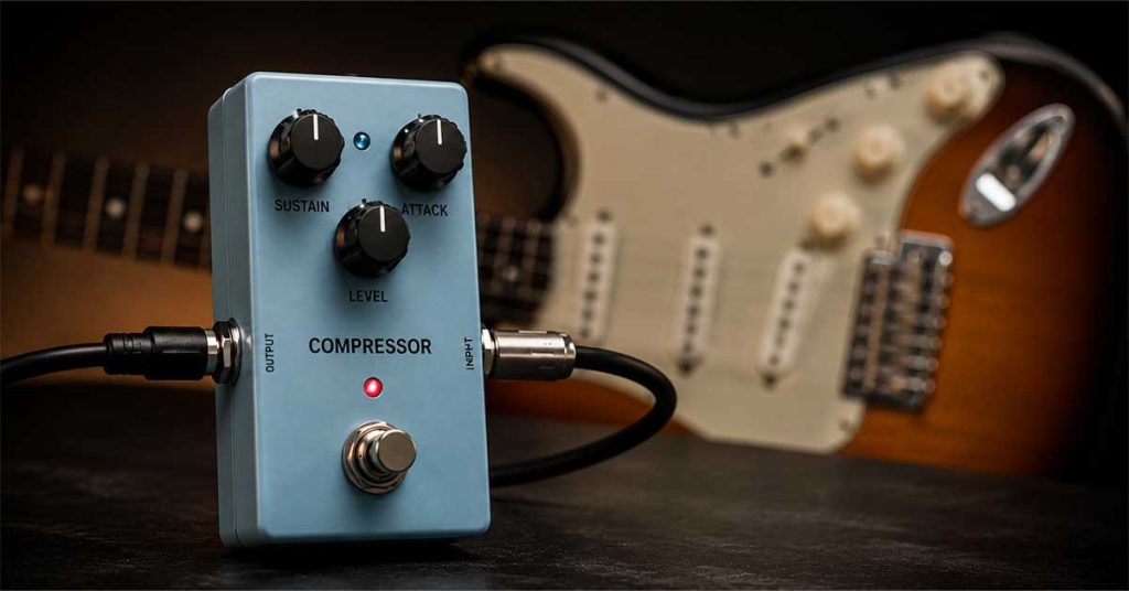 Pedal compressor de guitarra utilizado para controlar a dinâmica, aumentar o sustain e equilibrar o sinal na cadeia de efeitos.