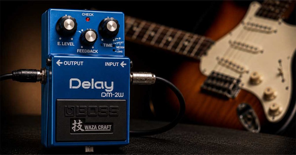 Pedal delay de guitarra utilizado para criar repetições do sinal, proporcionando profundidade, ambiência e sensação de espaço no timbre.