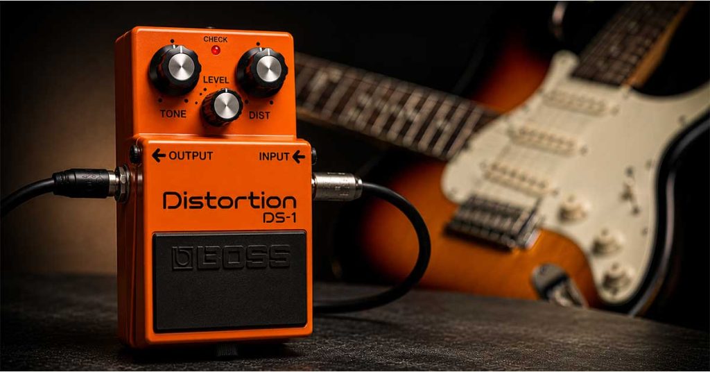 Pedal distortion de guitarra utilizado para produzir um timbre com alto ganho e grande quantidade de saturação na cadeia de sinais.