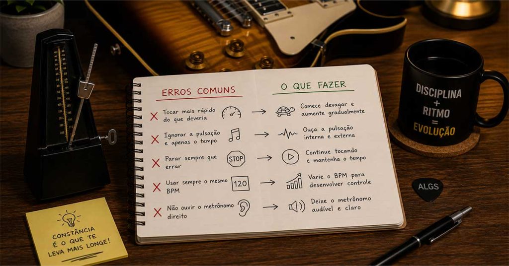 Mesa de estudos com um metrônomo mecânico, guitarra elétrica e caderno ilustrando o passo a passo para estudar guitarra com metrônomo e desenvolver precisão rítmica.