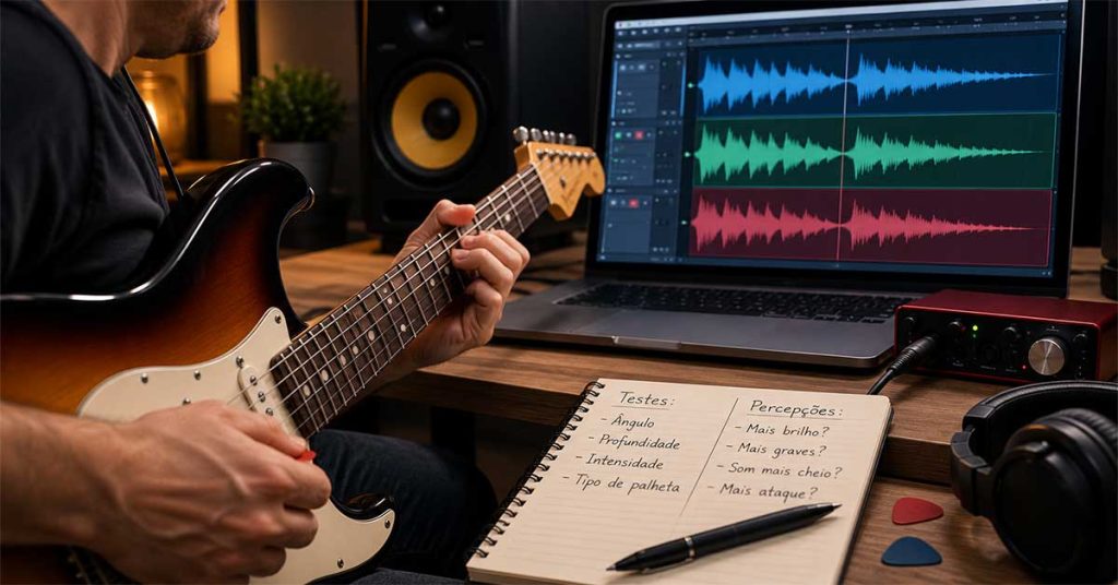 Guitarrista grava exercício para analisar como a palhetada muda o timbre da guitarra
