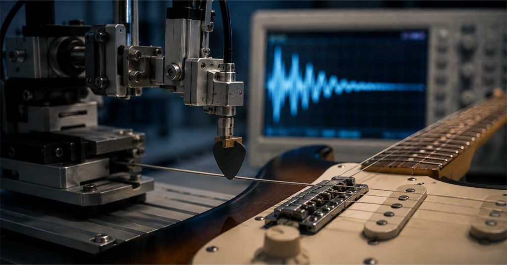 Sistema mecânico testa como a palhetada muda o timbre da guitarra