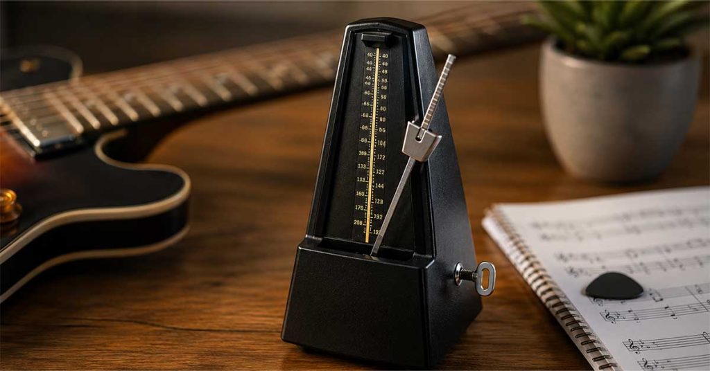 Metrônomo mecânico sobre uma mesa ao lado de uma guitarra elétrica, representando o estudo de ritmo, tempo musical e precisão rítmica durante os estudos de guitarra.