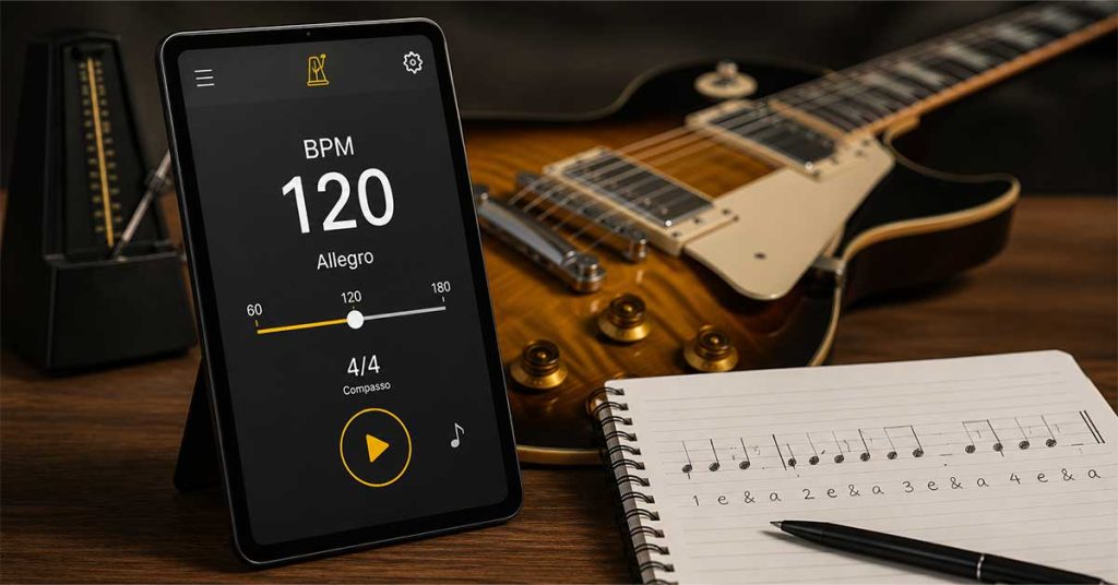 Aplicativo de metrônomo exibindo 120 BPM em um tablet ao lado de uma guitarra elétrica e material de estudo musical, ilustrando o conceito de batidas por minuto (BPM).