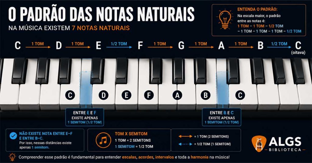 Infográfico mostrando o padrão das notas naturais em um teclado de piano, destacando que entre Mi e Fá e entre Si e Dó existe apenas um semitom, sem notas intermediárias.