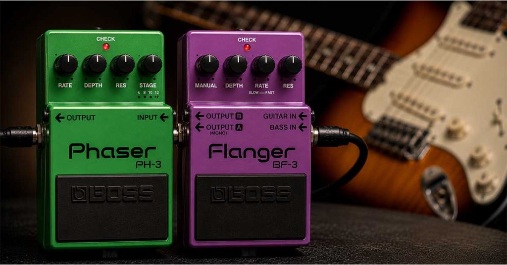 Pedais Phaser e Flanger utilizados na cadeia de sinais para criar efeitos de modulação, movimento e profundidade no timbre da guitarra.