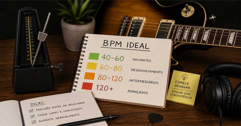 Mesa de estudos com metrônomo mecânico, guitarra elétrica e caderno mostrando diferentes faixas de BPM para orientar o estudo de guitarra com precisão rítmica.