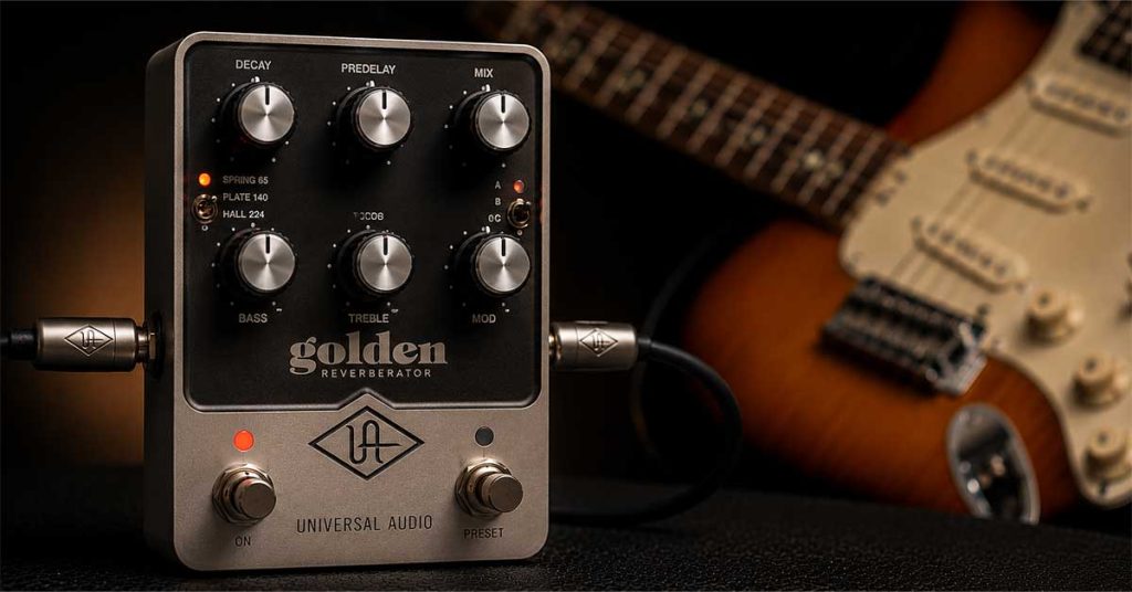 Pedal reverb de guitarra utilizado para criar ambiência, profundidade e sensação de espaço no timbre dentro da cadeia de sinais.