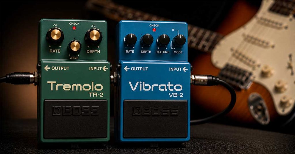 Pedais Tremolo e Vibrato utilizados na cadeia de sinais para criar efeitos de modulação, variação de volume e oscilação de afinação no timbre da guitarra.