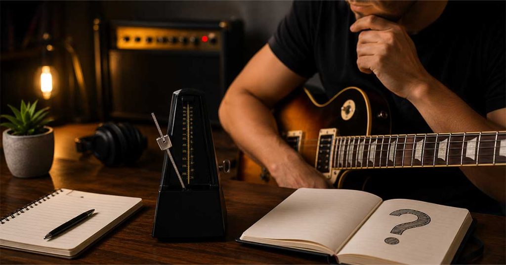 Mesa de estudos com metrônomo mecânico, guitarra elétrica e caderno mostrando diferentes faixas de BPM para orientar o estudo de guitarra com precisão rítmica.