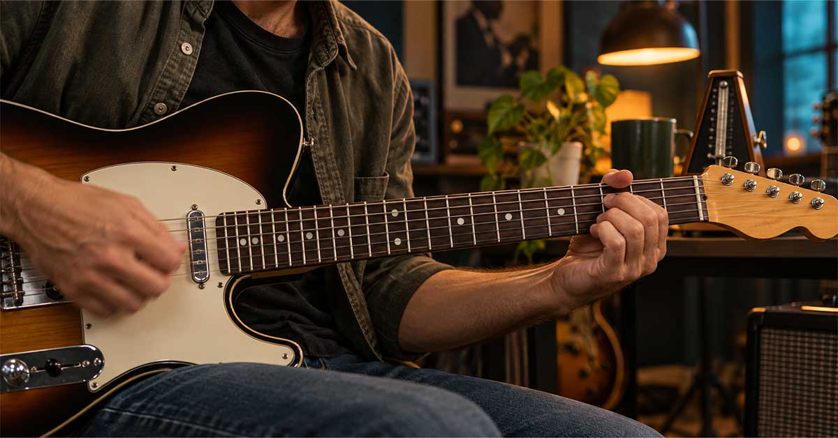 Guitarrista praticando a troca de acordes sem interromper a batida