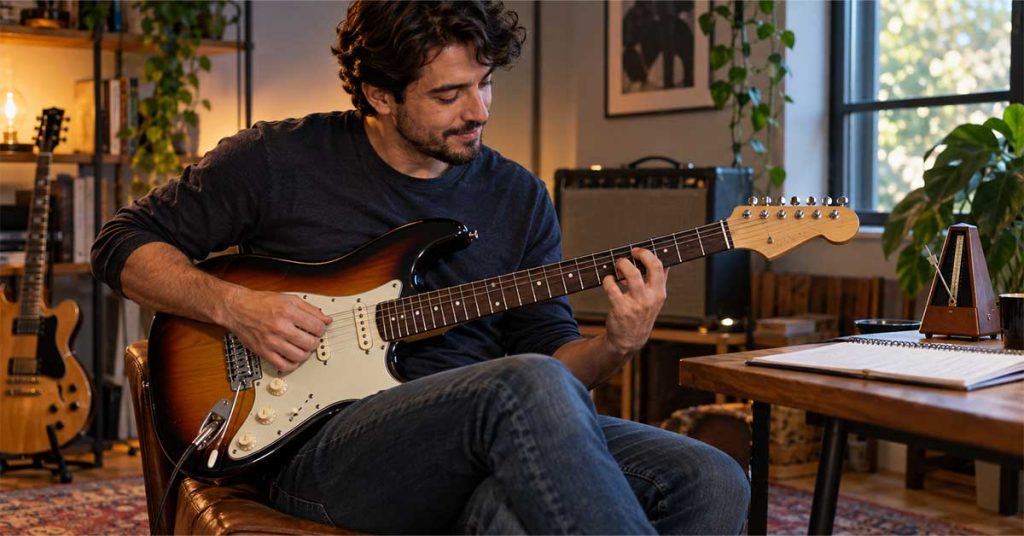 Guitarrista praticando com metrônomo e caderno de estudos, ilustrando quando avançar na guitarra.